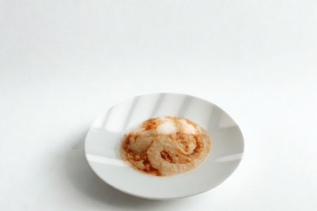 A top-down view of a white plate holding a dish topped with a sunny-side-up egg and a sprinkle of herbs.の写真素材