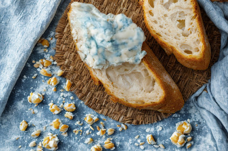 A close-up overhead view of a rustic wooden board featuring baguette slices topped with a creamy...