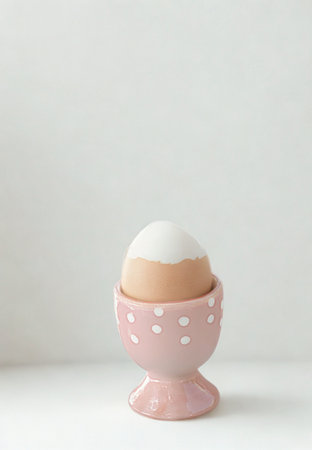 A delicate pink ceramic egg cup adorned with small white hearts stands on a white surface, cradling a perfectly soft-boiled egg.の写真素材