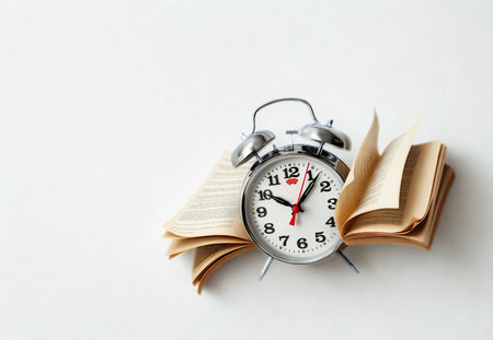 A classic silver alarm clock is placed on an open book with aged pages, suggesting a connection between time and learning.の写真素材