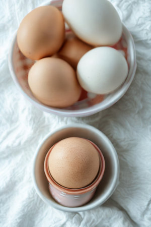 A collection of brown and white eggs are arranged in two bowls, showcasing their natural beauty and freshness.の写真素材