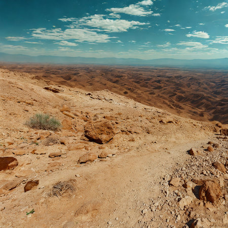 A wide, rocky, and sandy expanse stretches towards hazy mountains under a bright sky with scattered clouds.の写真素材