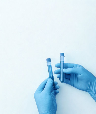 Gloves hands hold two test tubes containing blue liquid against a bright white background. Scientific research and testing.の写真素材