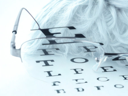 A pair of eyeglasses rests on an eye chart, with letters blurred through the lenses, indicating a vision examination.の写真素材