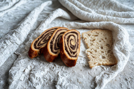 A close-up overhead shot of a swirled sweet bread, sliced, alongside a single slice of bread,...