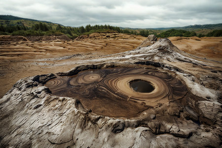 A close-up view of a striking geological formation featuring concentric rings, set against a backdrop of dry, rocky terrain and distant hills.の写真素材