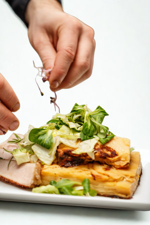 A close-up shot shows a chef's hands carefully adding delicate sprouts to a layered dish on a white plate.の写真素材