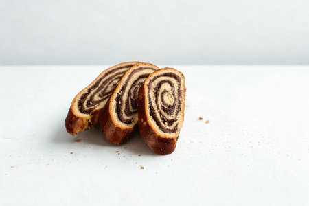 Four slices of a sweet poppy seed roll cake are arranged on a white surface, showcasing its spiral filling and golden brown crust.の写真素材