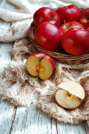 A woven basket overflows with vibrant red apples, with two sliced apples revealing their golden cores on a textured, rustic cloth.の写真素材