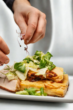 A close-up shot shows a chef's hands artfully adding delicate sprouts to a sandwich, highlighting fresh ingredients.の写真素材