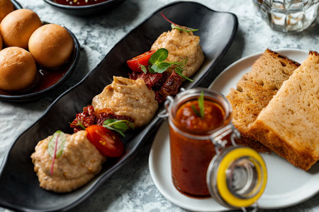 A close-up view of a delicious spread of appetizers, including stuffed pastries, a small jar of dip, and sliced bread, artfully arranged.の写真素材