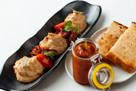 A sophisticated appetizer featuring creamy mounds topped with red sauce and herbs, served with toasted bread and a side of relish.の写真素材