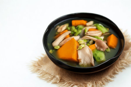 A close-up overhead view of a steaming bowl of vegetable soup, featuring chunks of pumpkin and greens.の写真素材