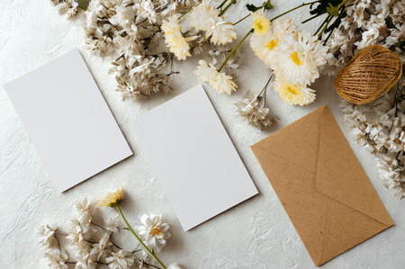 Overhead view of two blank white cards and a kraft paper envelope surrounded by dried flowers and decorative elements.の写真素材