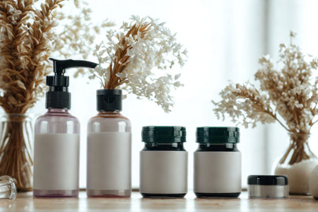 A collection of skincare bottles and jars are displayed alongside decorative dried flowers in vases, creating a natural and elegant aesthetic.の写真素材