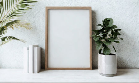 A clean and modern mockup featuring a tall, empty wooden frame, two books, and a potted plant on a white shelf against a textured wall.の写真素材