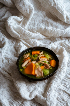 A close-up overhead view of a dark bowl filled with a steaming, flavorful soup featuring chicken and colorful vegetables.の写真素材