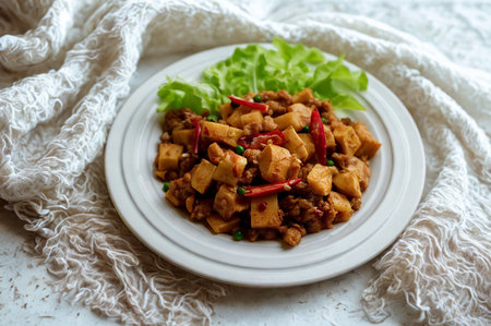 A close-up overhead shot of a delicious spicy tofu stir fry garnished with fresh lettuce, presented on a rustic white plate.の写真素材