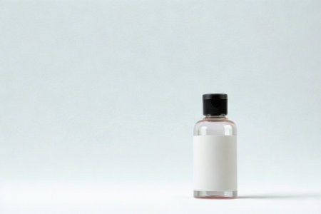 A small, clear plastic bottle with a blank white label and a black cap sits on a white surface against a pale blue background.の写真素材