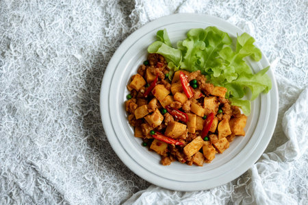 A close-up overhead view of a white plate filled with a colorful tofu stir fry and a side of crisp green lettuce.の写真素材