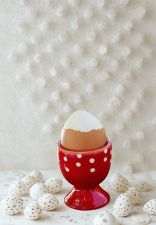 A single boiled egg sits in a vibrant red ceramic egg cup, adorned with white polka dots, on a...