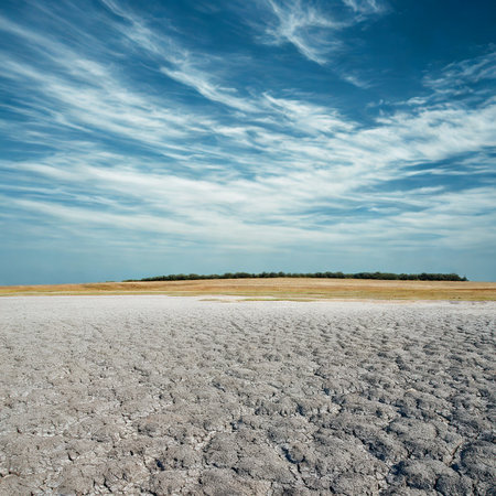 A wide, cracked salt flat stretches towards a distant horizon under a dynamic sky filled with white, wispy clouds.の写真素材