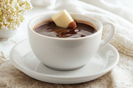 A steaming mug of rich hot chocolate topped with a fluffy marshmallow, perfect for a cold day.の写真素材