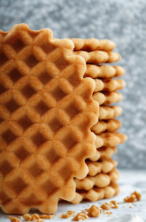 A close-up shot of a stack of golden brown waffles with a distinct grid pattern, some crumbs scattered around.の写真素材