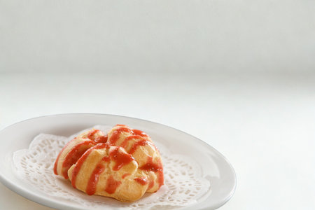 A single, artfully presented steamed bun sits on a white plate with a doily, drizzled with a vibrant...