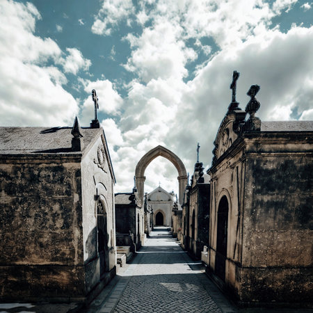 A stone pathway leads through a grand, ancient cemetery archway, flanked by weathered mausoleums under a dynamic sky.の写真素材