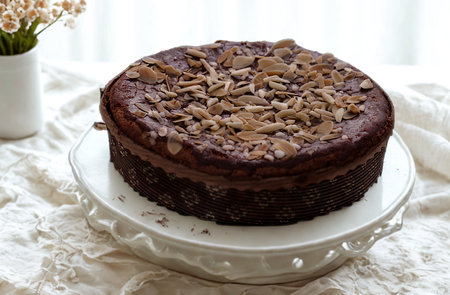 A rich, dark chocolate cake topped with generous chocolate shavings, presented on a white cake stand.の写真素材