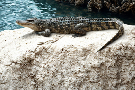 A small crocodile rests on a rough, light-colored rock, its body angled towards the blue water. Its scales and tail are clearly visible.の写真素材