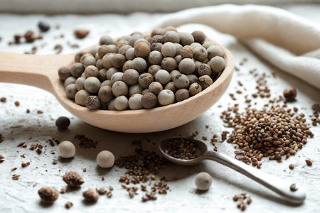 A close-up shot of a wooden spoon overflowing with peppercorns, scattered on a white surface with other spices.の写真素材