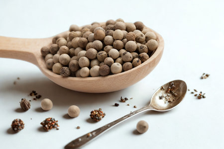 A wooden spoon overflows with white peppercorns, with scattered peppercorns and other spices on a white surface next to a small spoon.の写真素材