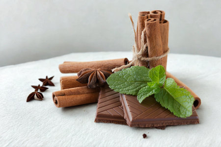 A close-up shot of dark chocolate bars with cinnamon sticks, star anise, and fresh mint leaves, suggesting a rich dessert or beverage.の写真素材
