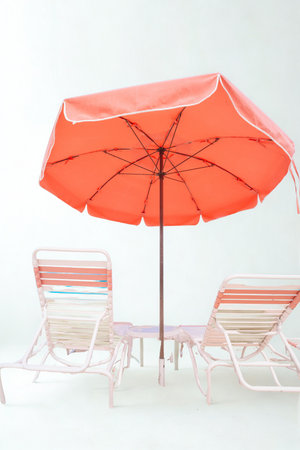 An open orange beach umbrella casts a shadow over two empty lounge chairs on a bright, sunny day.の写真素材