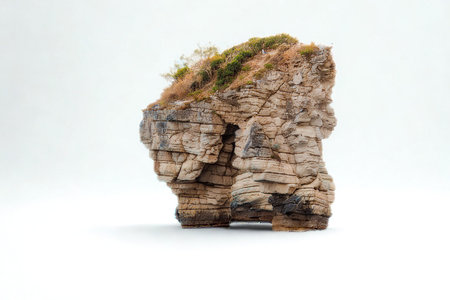 A textured piece of cork bark, resembling a miniature cliff face, is adorned with vibrant green moss, set against a clean white backdrop.の写真素材