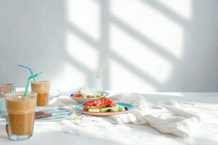 Tall glasses of iced coffee with straws sit on a table with a colorful spread of small desserts and fruit.の写真素材