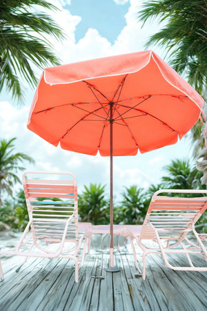 Two white lounge chairs sit on a wooden deck beneath a large, bright orange patio umbrella, surrounded by palm trees.の写真素材