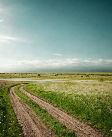 A textured dirt road curves through a wide, green field stretching towards a distant horizon under a dramatic, cloudy sky.の写真素材
