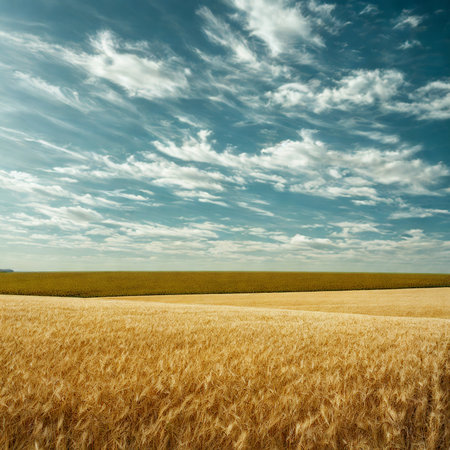 A vast expanse of golden wheat stretches towards the horizon, beneath a dynamic sky filled with white and blue clouds.の写真素材
