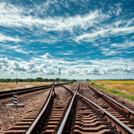 Multiple train tracks converge and diverge in a landscape with fields and a vast, cloudy sky.の写真素材