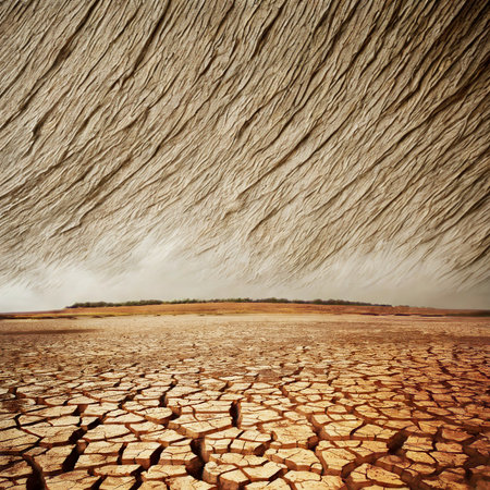A vast expanse of dry, cracked earth stretches to the horizon under a sky with a rough, textured appearance.の写真素材