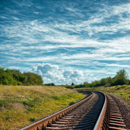 A perspective view of a curved railway track disappearing into the distance, bordered by green fields and trees under a cloudy sky.の写真素材