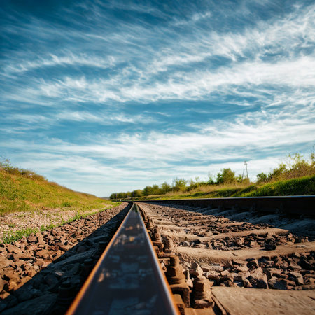 A low-angle view of weathered train tracks disappearing into the horizon, flanked by grassy hills and distant trees under a cloudy sky.の写真素材
