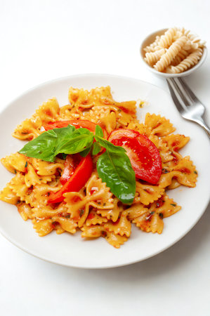 A vibrant plate of bow-tie pasta tossed in a rich tomato sauce, garnished with fresh basil and sliced tomatoes.の写真素材