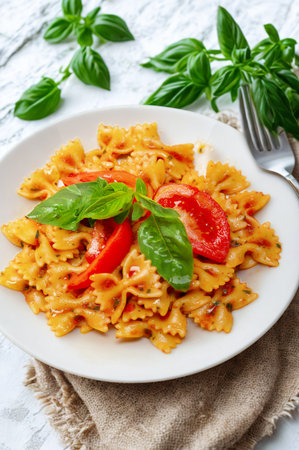 A plate of farfalle pasta coated in a rich tomato sauce, garnished with fresh basil leaves and sliced tomatoes.の写真素材