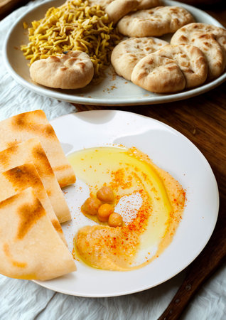 Warm, fluffy naan bread is presented with a side of savory curried lentils.の写真素材
