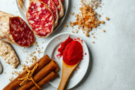 A rustic overhead shot of sliced salami, spices, and a wooden spoon filled with red paste on a textured surface.の写真素材