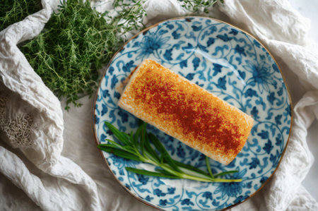 A perfectly golden baked fish fillet rests on a blue and white patterned plate, garnished with fresh green herbs and a textured cloth.の写真素材
